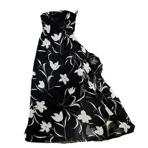 Jessica McClintock Strapless Black White Floral Print Maxi Dress Size 4